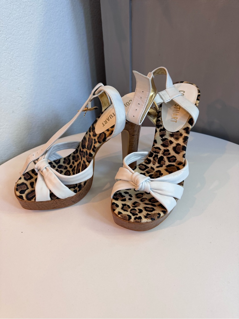 Colin Stuart White Leather Knotted T-Strap Heels with Leopard Insole